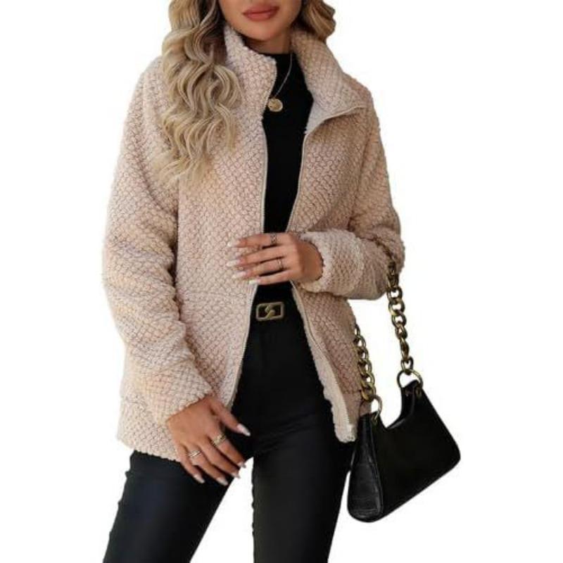 Women S Loose Casual Plush Coat With Pockets Lapel Zip Up