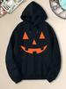 Retro Jack‑o'‑lantern Simple Pumpkin Face Front Print Hooded Sweatshirt Women's Loose Fleece Pullover Halloween Party Casual