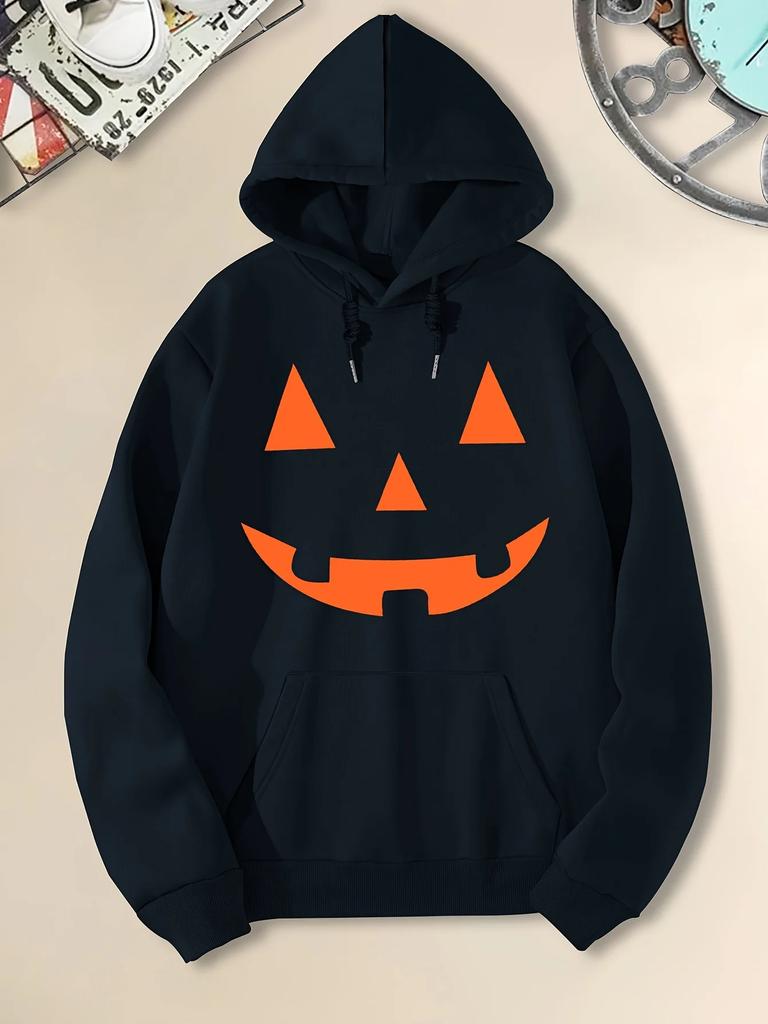 Retro Jack‑o'‑lantern Simple Pumpkin Face Front Print Hooded Sweatshirt Women's Loose Fleece Pullover Halloween Party Casual