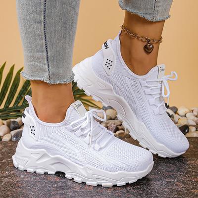 Mode Mode Gestrickte Weiße Sneaker für Damen Sommer Mesh Atmungsaktiv Plateau Sportschuhe Frau Dicke Sohle Rutschfest Laufschuhe