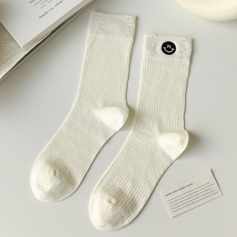 5/10 Pairs Casual Solid Color Socks for Women Spring Summer Mid Calf Cotton Socks Black and White Embroidered Casual College Style Long Socks