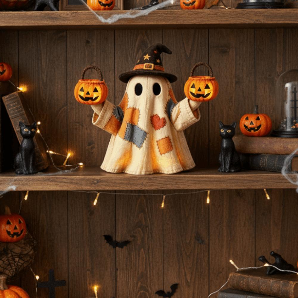 Resin Made Patchwork Ghost Light Lightweight Button Cell Battery Operated Ghost Pumpkin Lantern 3D Shaped Soft Glow