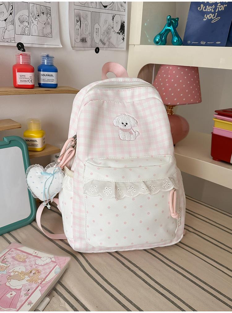 Schoolbag summer fresh blue and white grid small polka dot backpack soft cute puppy embroidery sweet age-reducing student party travel small backpack