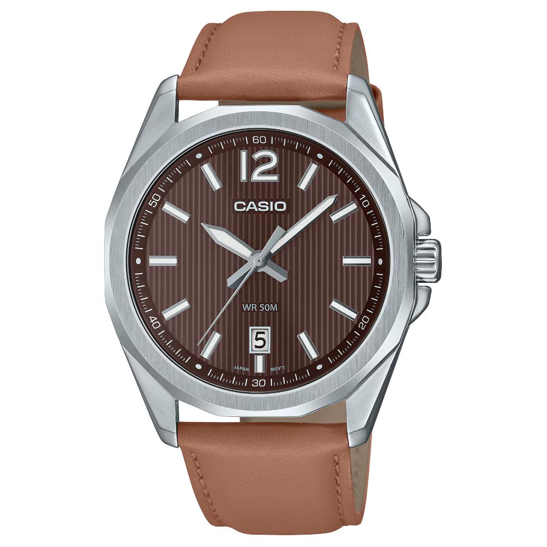 CASIO 50m Water Resistant Quartz Movement Genuine Leather Strap Watch Men s Watches MTP-E725L-5AV Coffee Watch Dial