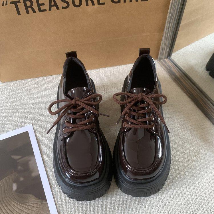 Black Brown Thick-soled Heightening Small Leather Shoes Women's Muffin Bottom Lace-up Round Head Retro Single Shoes