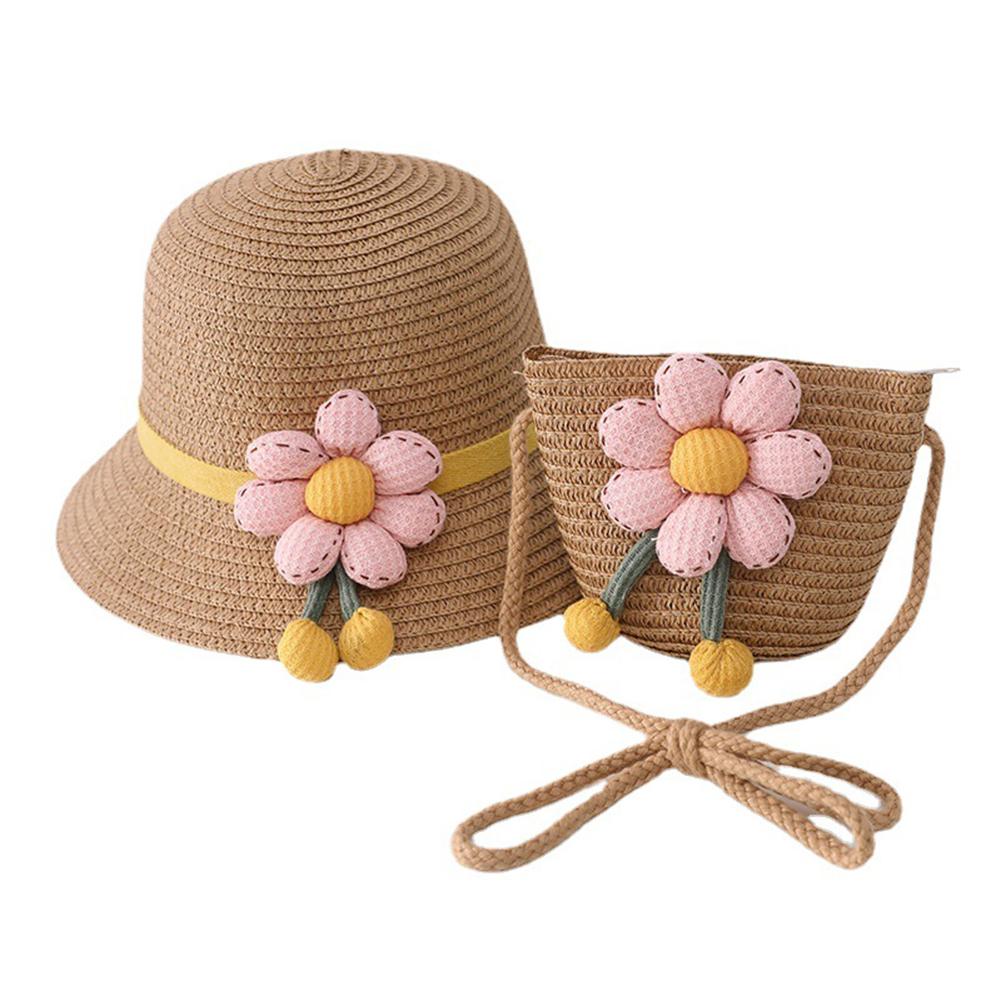 Girls Summer Straw Hat Bag Children Breathable Sunscreen Hat Straw Coin Purse For Outdoor