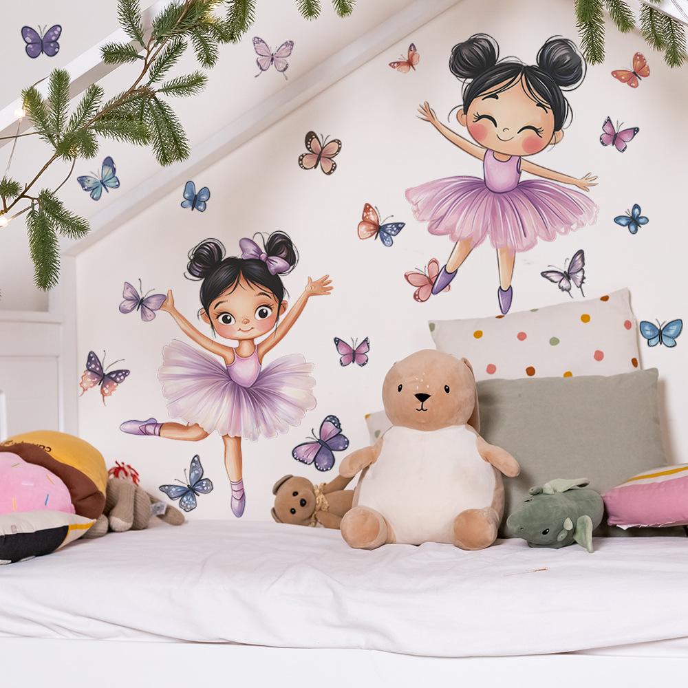 Bambina Cartone Animato Danzante con Farfalla Adesivo da Parete Decorazione Autoadesiva Giocosa Fiabesca per Camera da Letto Bambini Soggiorno
