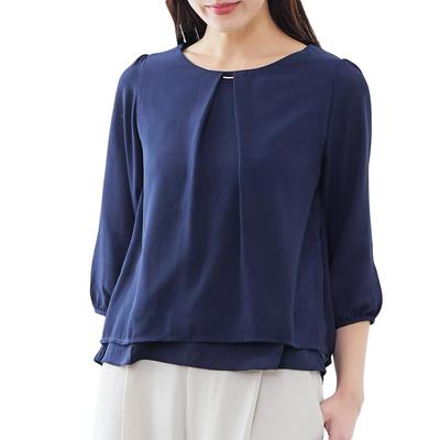 RIRIYĀNO Women's Chiffon Blouse/Shirt, 3/4 Sleeve, Suit Inner, Wrinkle-Resistant, Quick-Drying, for Commuting and Office Use (Size L, Navy)