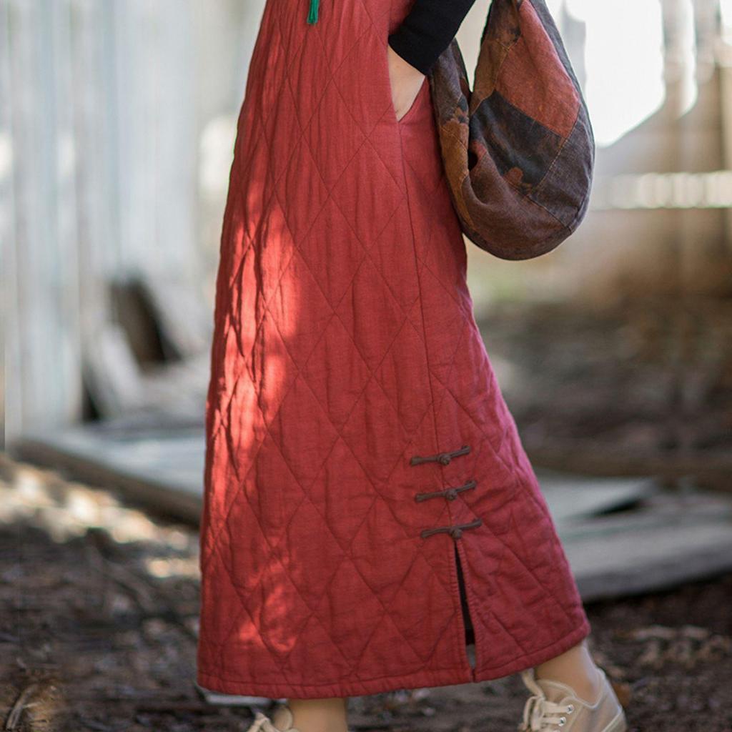 Women's Ethnic Style Quilted Long Skirt - Winter Warmth, Solid Color, Chinese Knot Design.