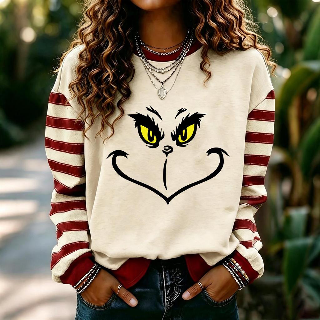 Women's Fashion Christmas Print Long Sleeve Neck Pullover Sweatshirt Casual Top