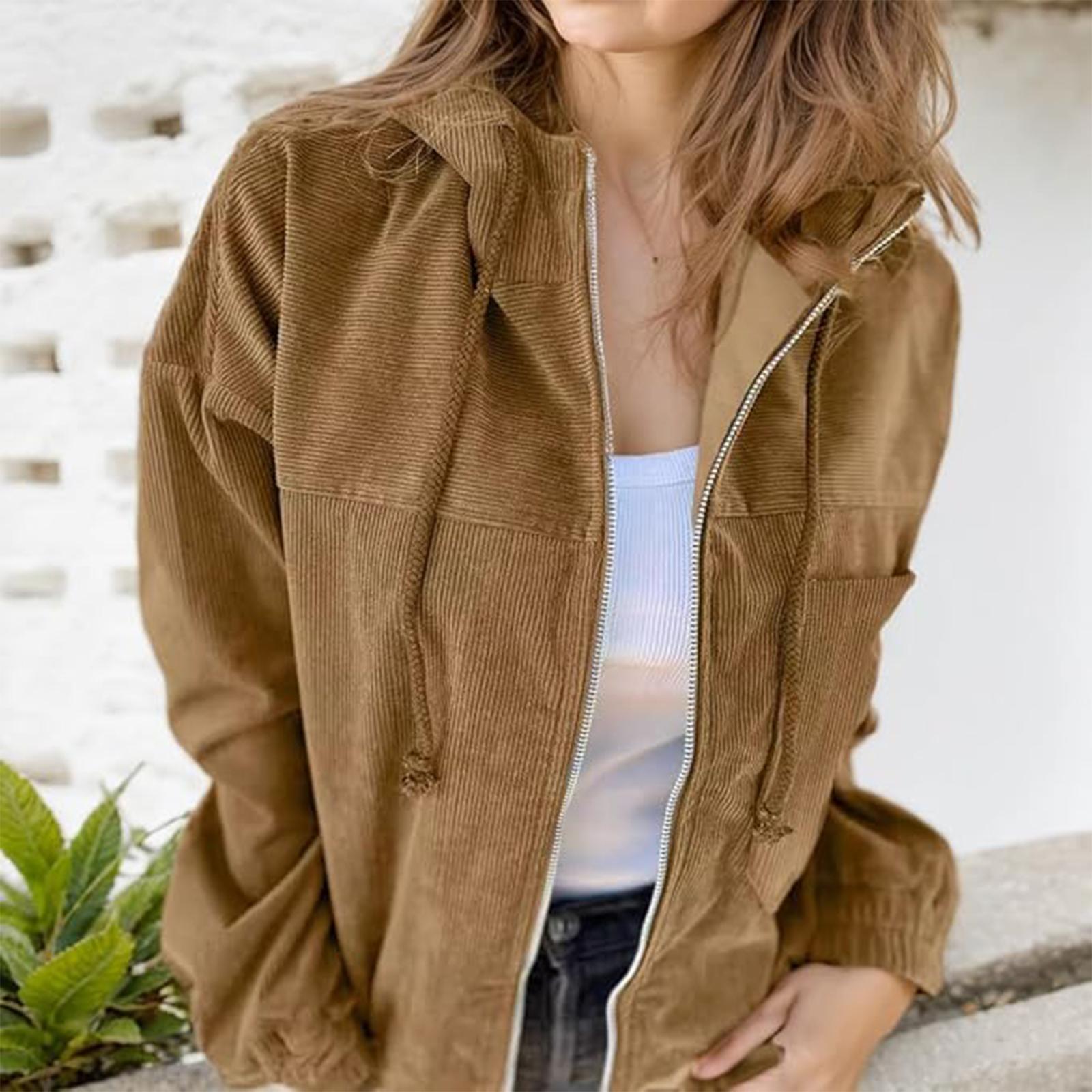 

Women s Loose And Comfortable Color Jacket Corduroy Hooded Long Sleeved Jacket XL хакі