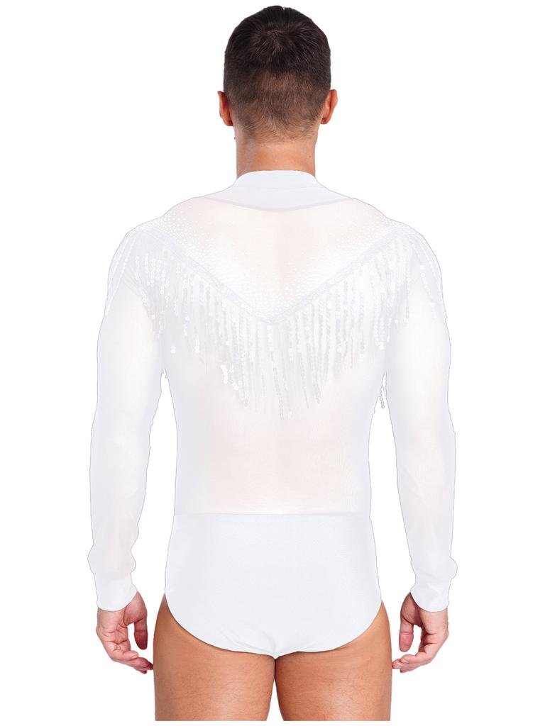 Mens Salsa Dance Leotard Deep V Neckline Sheer Mesh Inserts Sequined Tassel Details Rhinestone Bodysuit