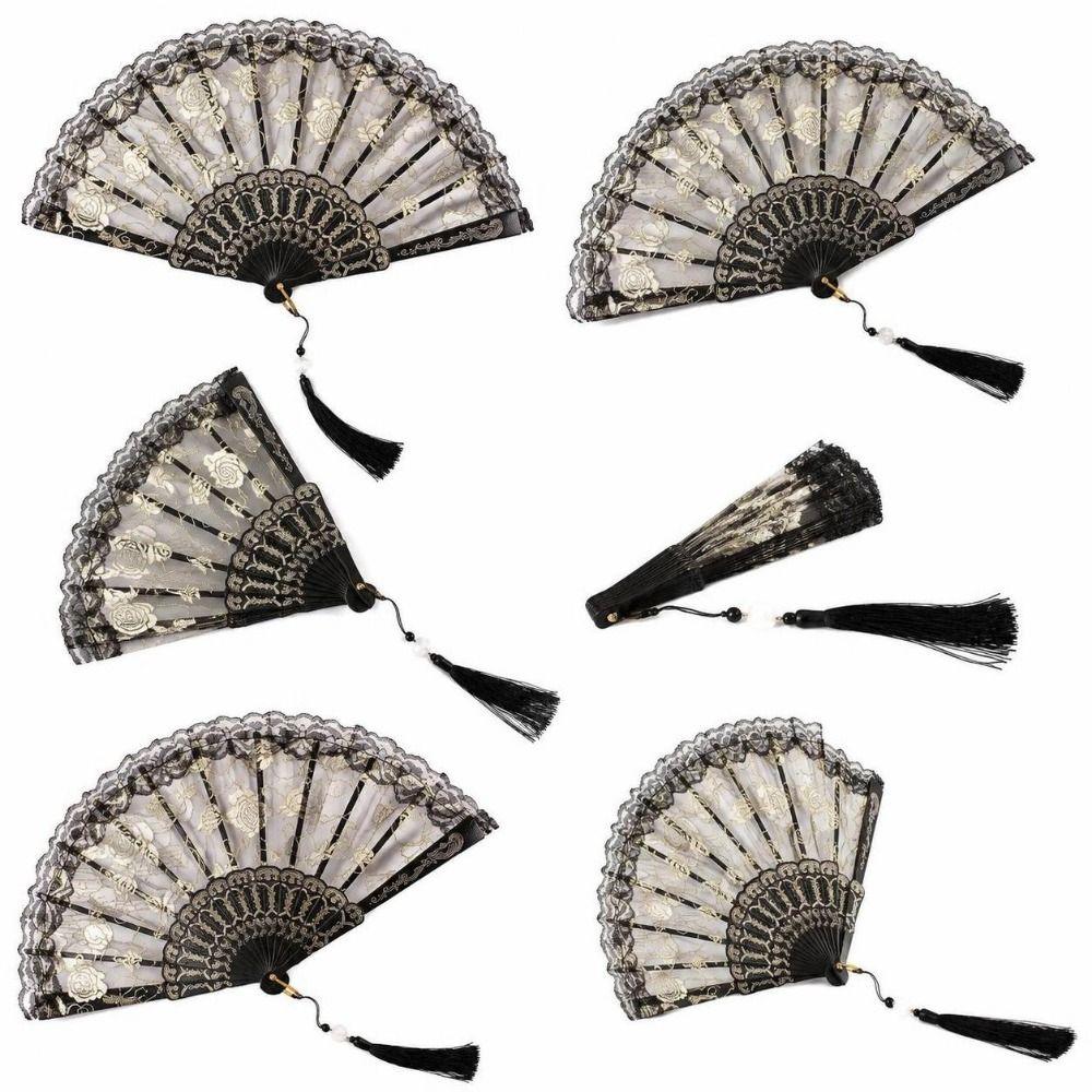 4pcs Black Hand Fan Plastic Frame Rose Lace Fan New Handheld Fan Wedding Dancing Costume Events