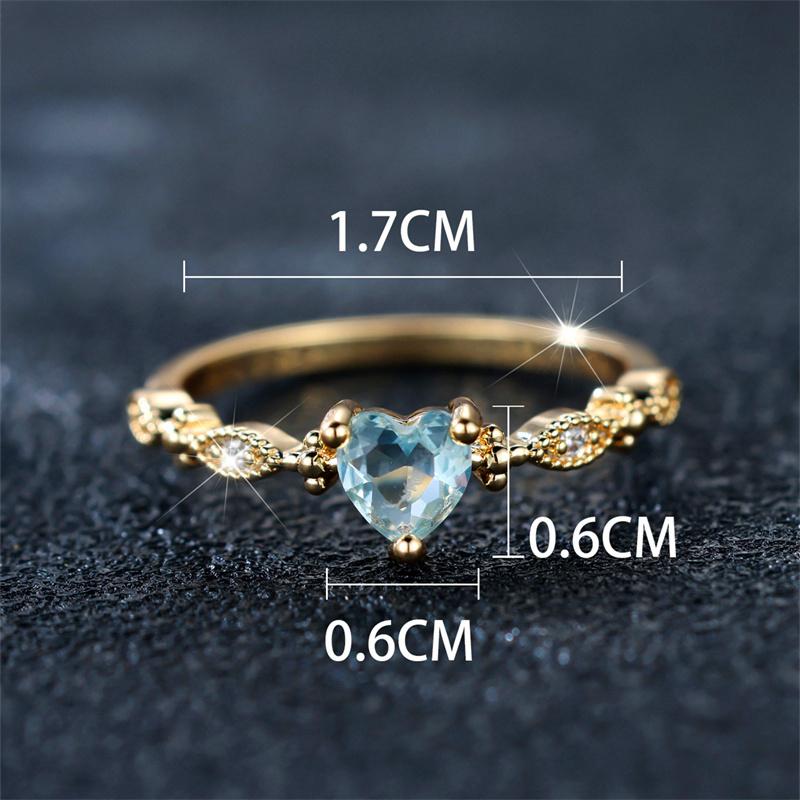 Cute Female Water Blue Zircon Stone Ring Trendy Yellow Gold Color Heart Engagement Bride Wedding  For Women