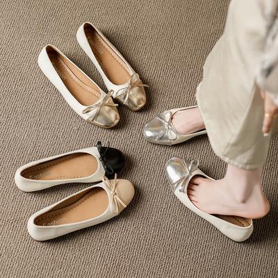 Buty damskie na płaskiej podeszwie z kokardką, wiosenno-jesienne, nowe, duże rozmiary, z okrągłym noskiem, płytkie, wsuwane, codzienne