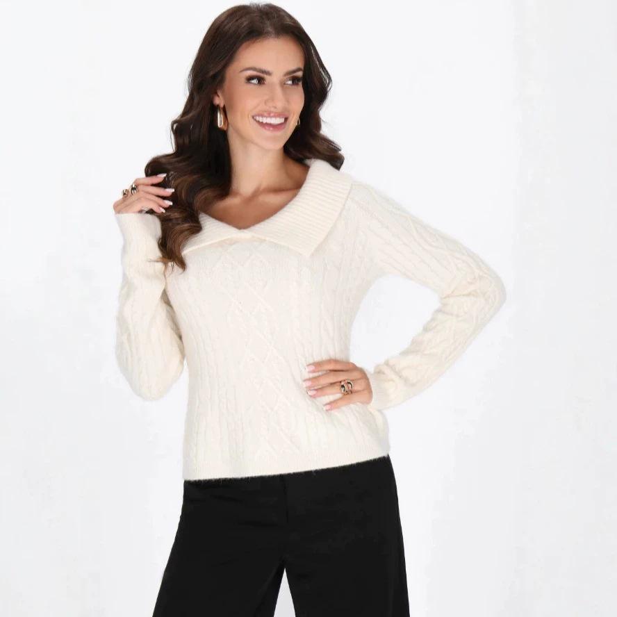 Women's Vintage French Cable Knit Sweater - Slim Fit, Long Sleeve, Autumn Pullover
