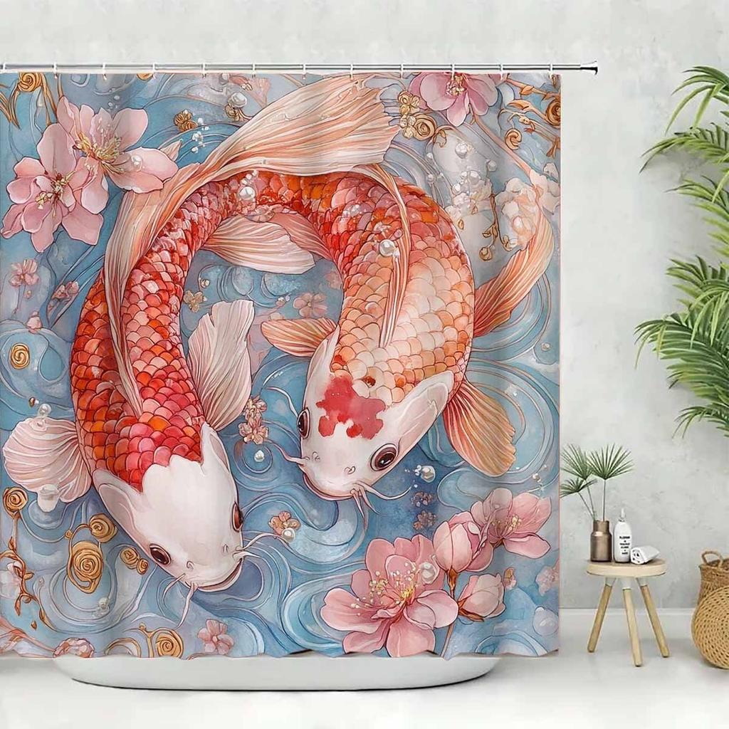 1Pc Decorated With A Koi Flower Pattern Shower Curtain - With 12 Hooks, Machine Washable, Suitable For Bathroom Decor And