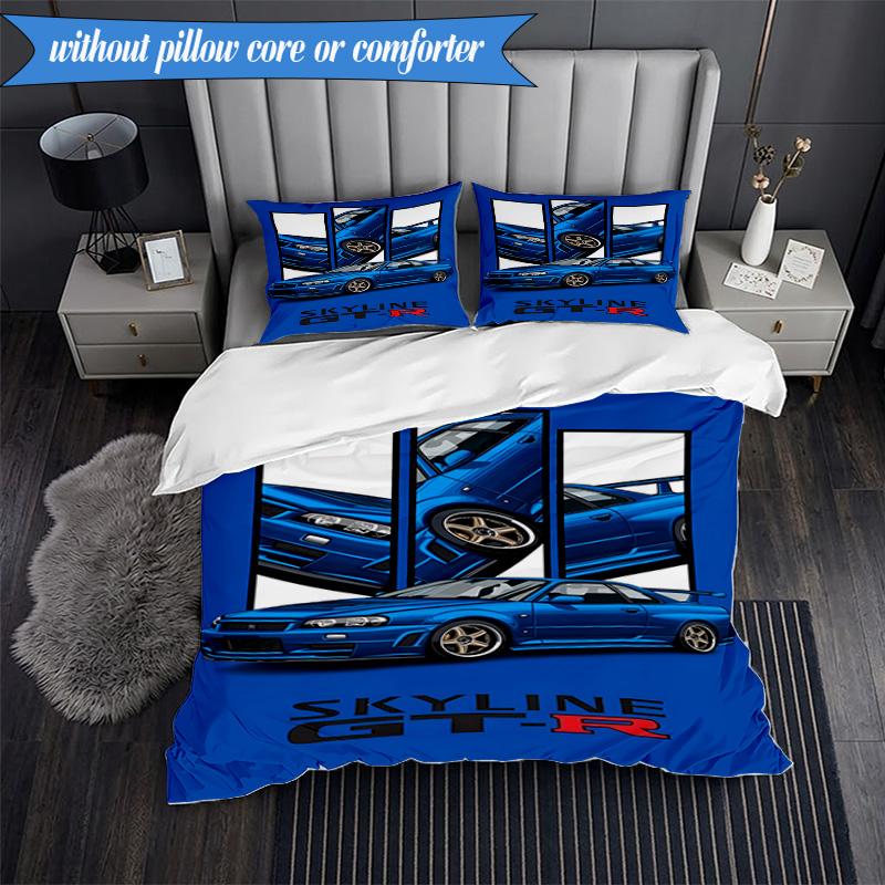 3PCS Skyline Blue Racing Spirit Speed Style Bedding Set 2D Printing (Includes 1 Duvet Cover + 2 Pillowcases Coreless), Bedroom decor,Fan gift