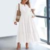 Women's Spring Summer Elegant V-Neck Ruched Waist Flared Long Sleeve Maxi Dress Fashion Casual Party Dress