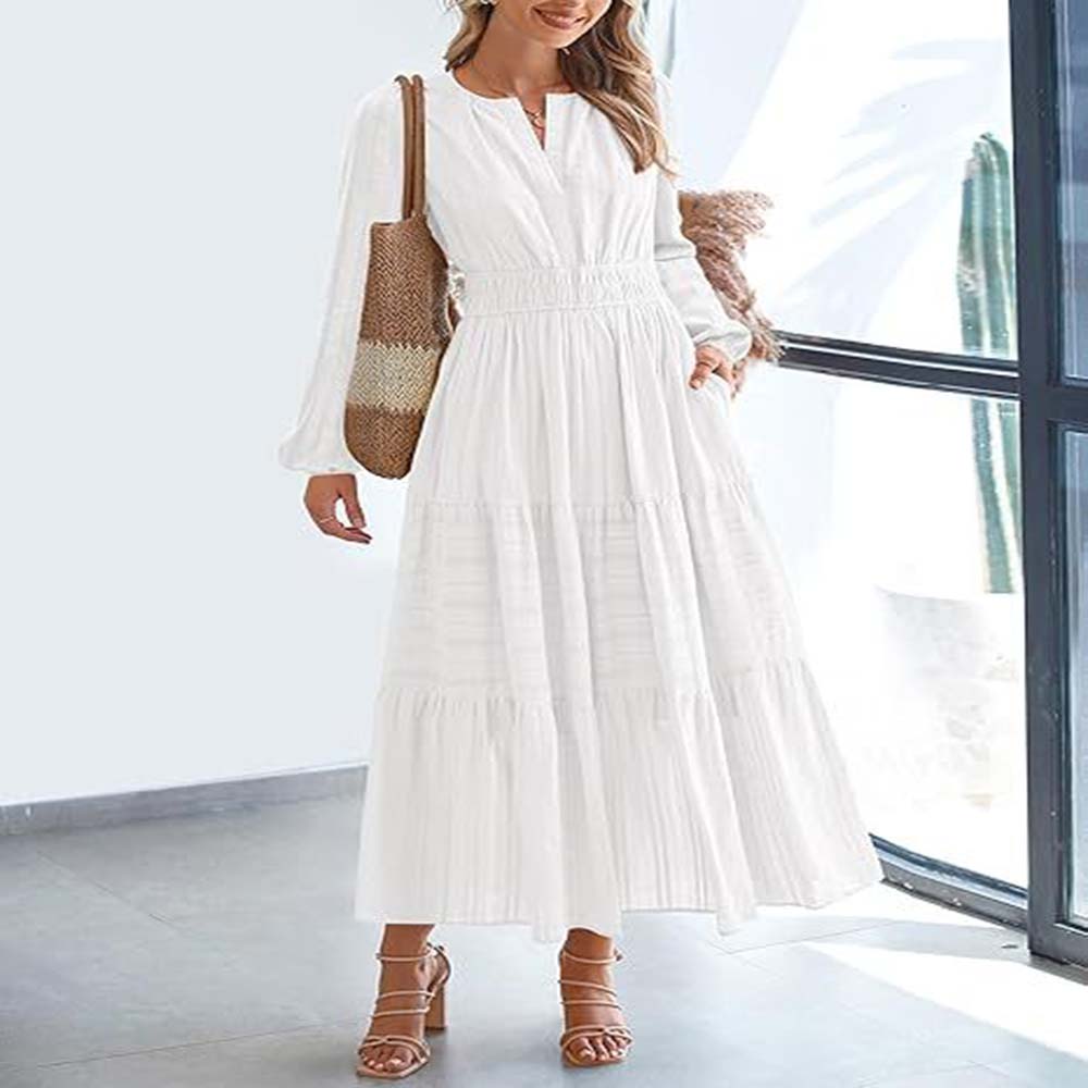 Women's Spring Summer Elegant V-Neck Ruched Waist Flared Long Sleeve Maxi Dress Fashion Casual Party Dress