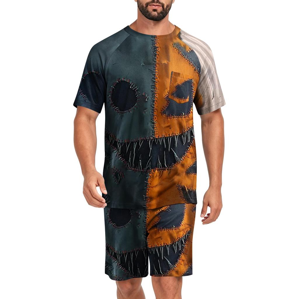 Men's Halloween Casual Pajama Set Short Sleeve Top and Shorts Patchwork Design Comfortable Sleepwear Lounge Outfit for Home Use