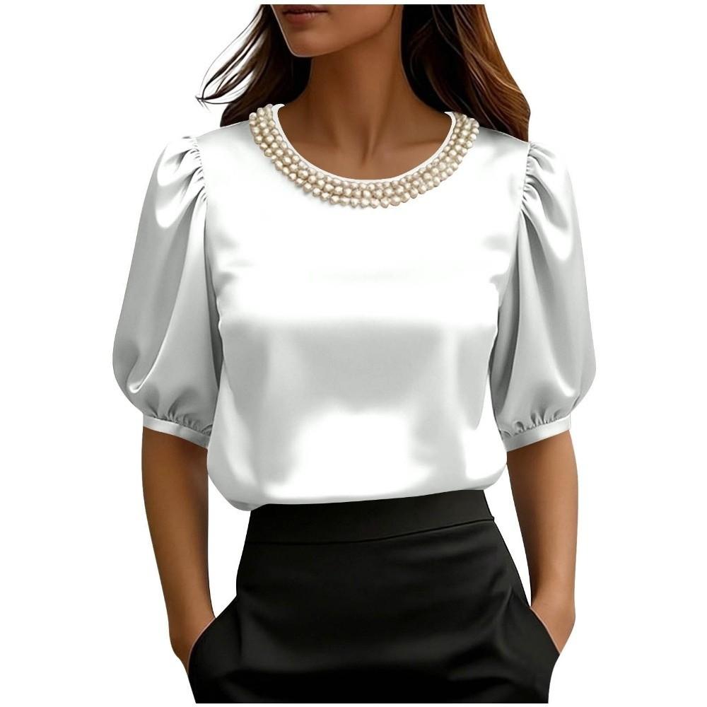 Elegantes Perlenkragen-T-Shirt Locker Damenoberteil Bequemes Satinseiden-T-Shirt Bürokleid