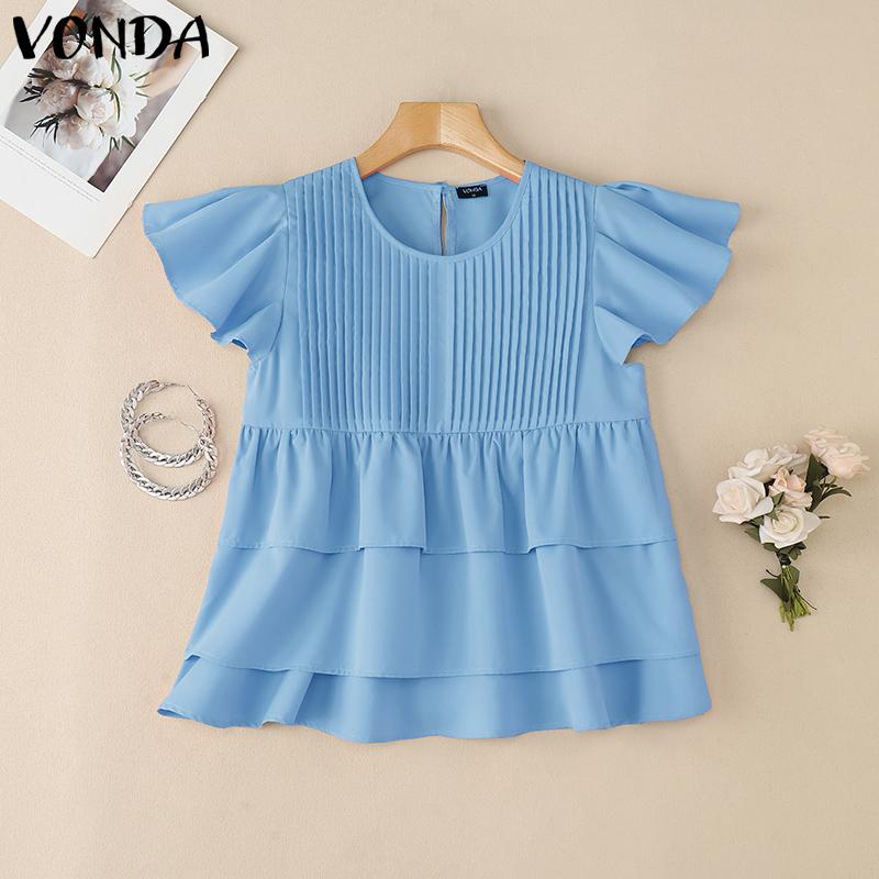 

VONDA Elegant Women O Neck Short Sleeve Layers Pleating Solid Casual Blouse 5XL синий