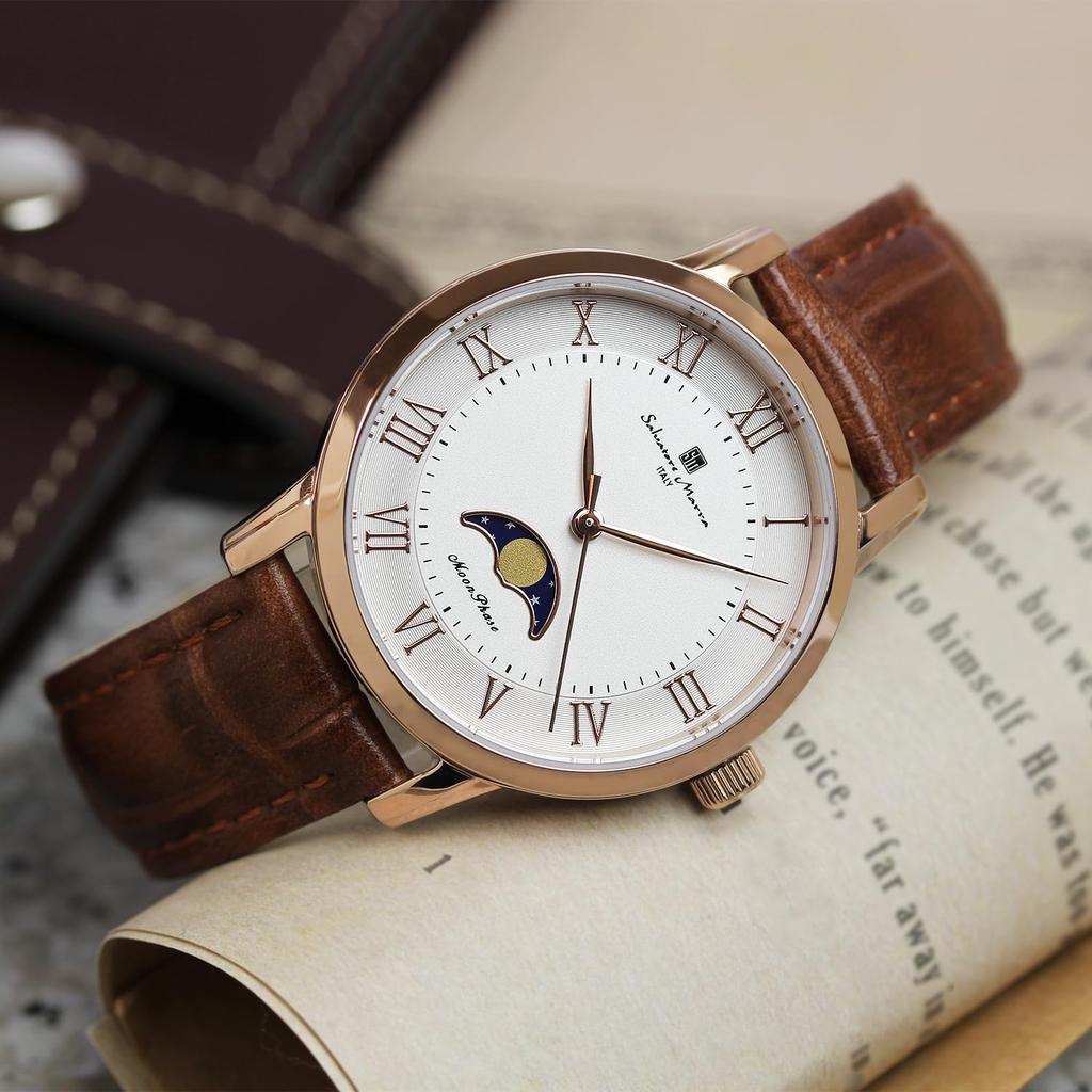 Salvatore Marra Women's Moon Phase Watch, Model SM26151, 34mm, Pink Gold & Silver, Leather Strap, Limited Edition