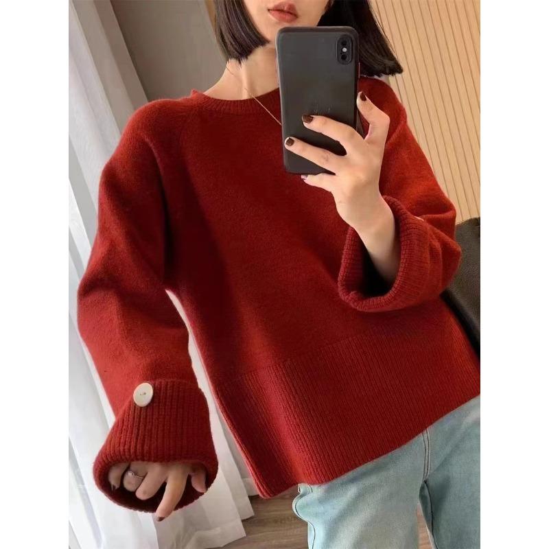 

Women s Loose Pullover Sweater Autumn and Winter Long Sleeved Knitted Sweater Top S червоний