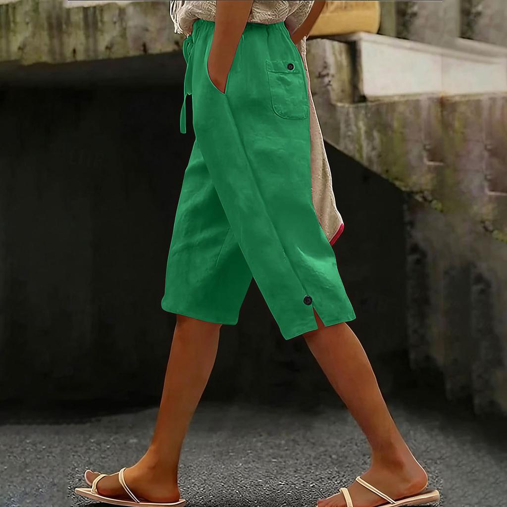 Women’s Loose Fit Linen Cropped Pants with Elastic Waistband and Side Pocket Casual Wide Leg Trousers