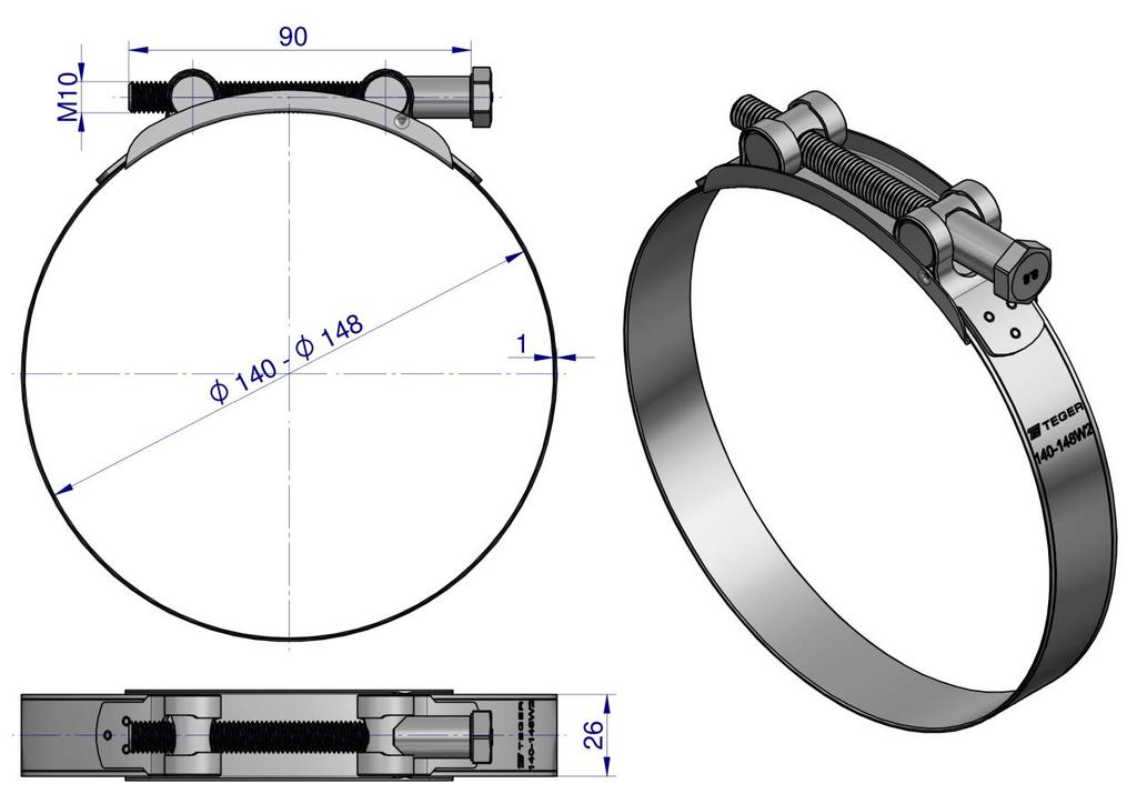 Opaska Zaciskowa Gbs 140-148 (Obejma W2 - Stal Nierdzewna) Szerkość 26Mm Teger ( Sprzedawane Po 5 )