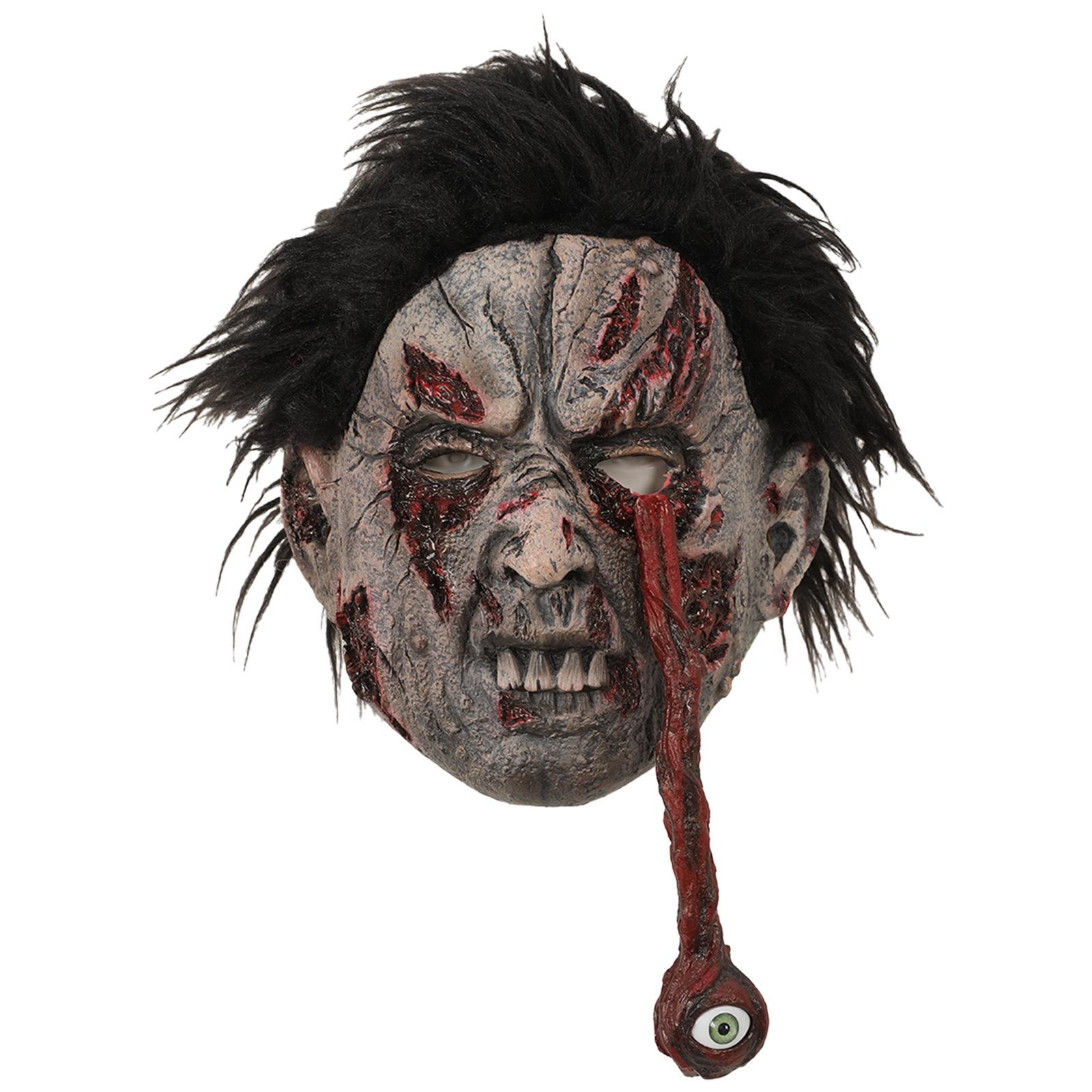 Black-Haired Zombie Falling Eyeball Mask - Halloween Latex Headgear