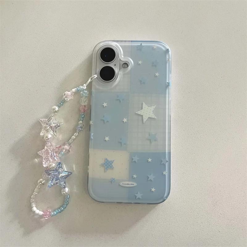 Cute Blue Plaid Star Phone Case for Samsung Galaxy S26 S25 S24 S23 S22 S21 FE Ultra Plus 4G 5G Feather Texture Back Cover