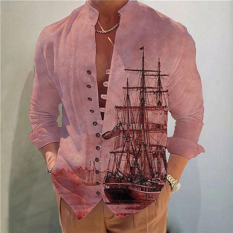 

Men s Vintage Sailboat Print Stand Collar Long Sleeve Shirt S рожевий