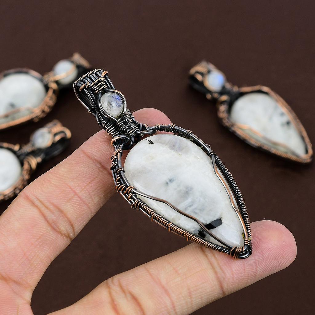 Rainbow Moonstone Gemstone Copper Wire Wrap Jewelry Pendant 2.95"