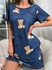Women'S Casual Round Neck Nightgown. Deep Blue Base with Cartoon Little Bear Print. Comfortable for Home Wear. Elegant Women'S Clothing for Holidays.