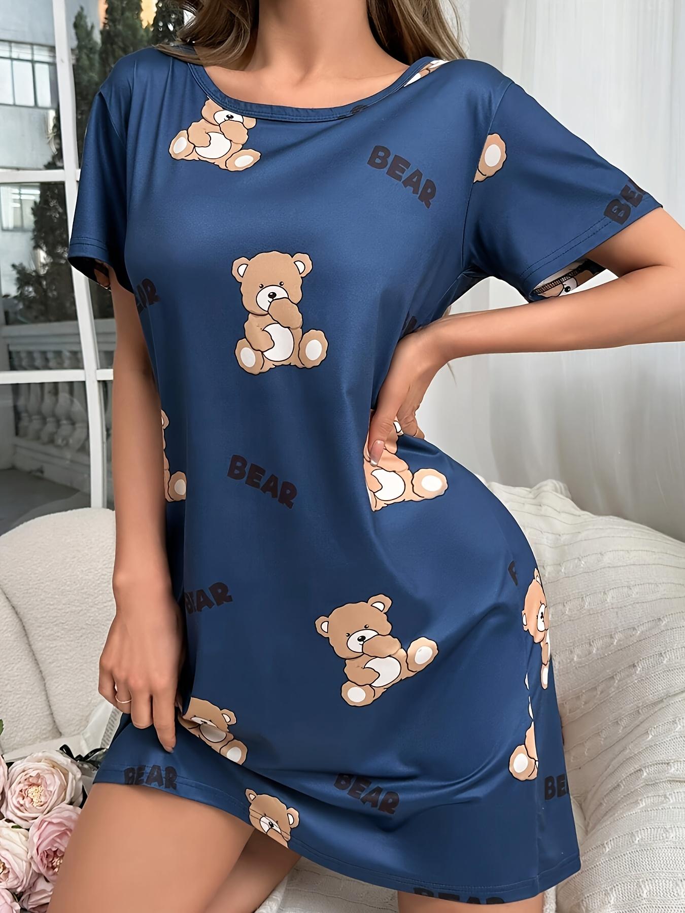 

Women S Casual Round Neck Nightgown. Deep Blue Base with Cartoon Little Bear Print. Comfortable for Home Wear. Elegant Women S Clothing for Holidays. 7XL дубильная кора