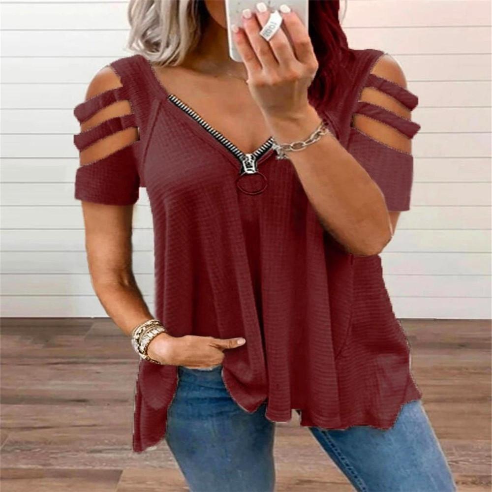 Women s V Neck Short Sleeve Cold Shoulder Top Loose Fit British Style Tee S