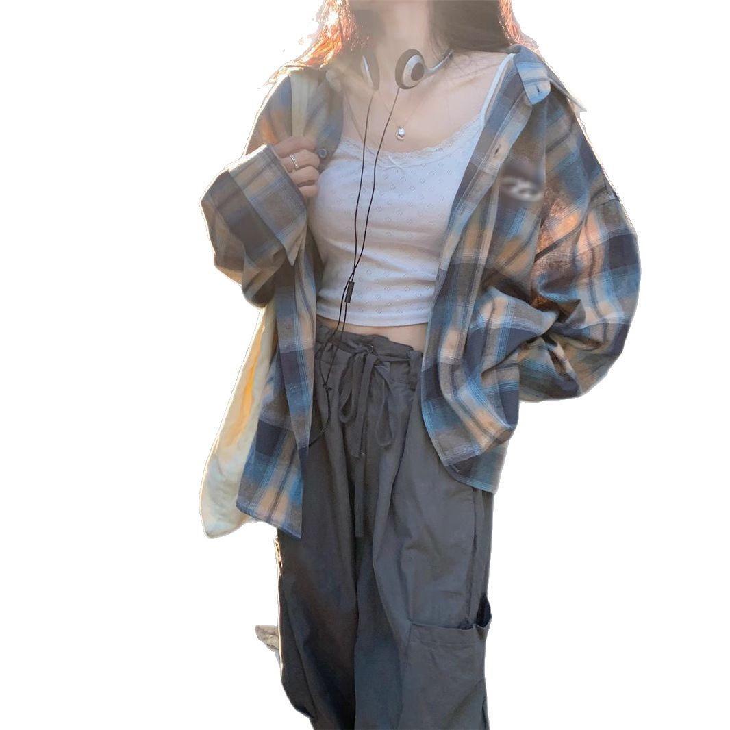 

70% Cotton Lazy Blue Plaid Embroidered Women s Shirt - Spring/Autumn 2025 Loose Cardigan Layering Top Casual Jacket M (up to 52.5kg)