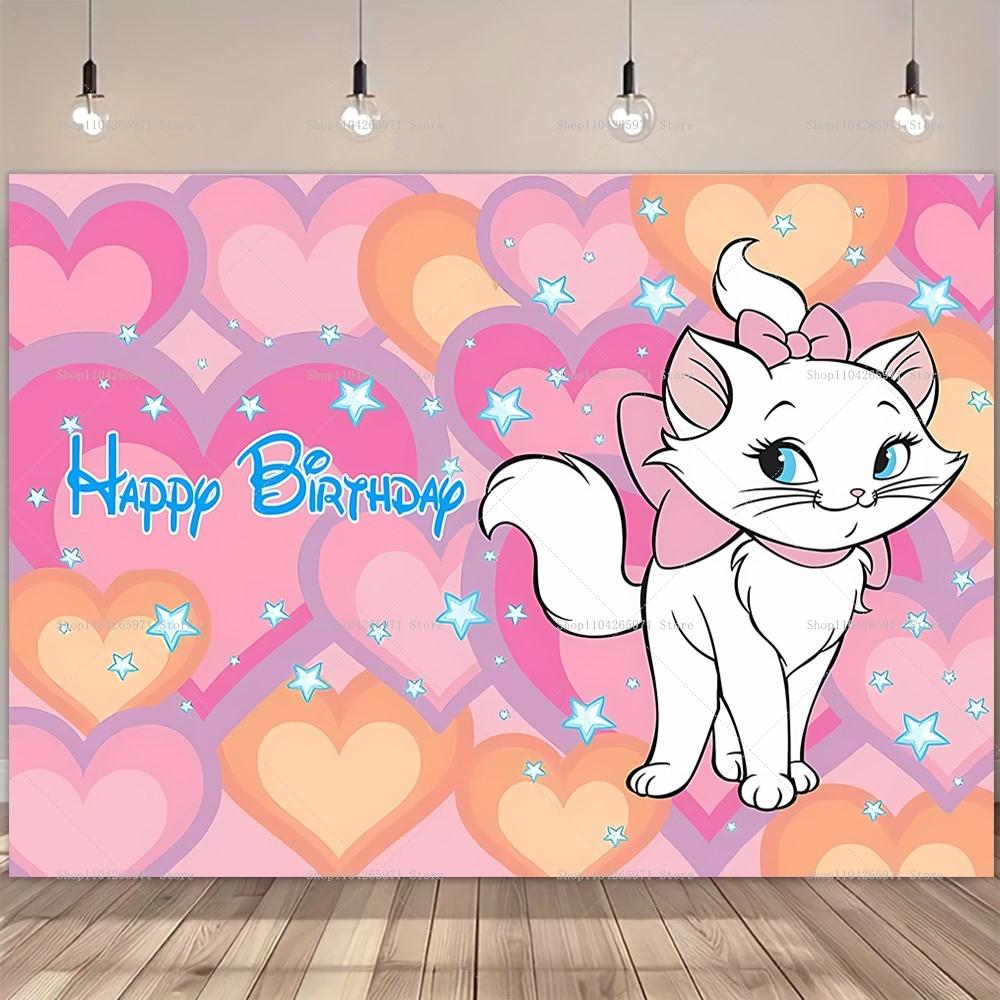 Cute Pink Marie Cat The Aristocats Theme Baby Shower Girl Birthday Party Decoration Background Cute Striped Custom Photo Studio