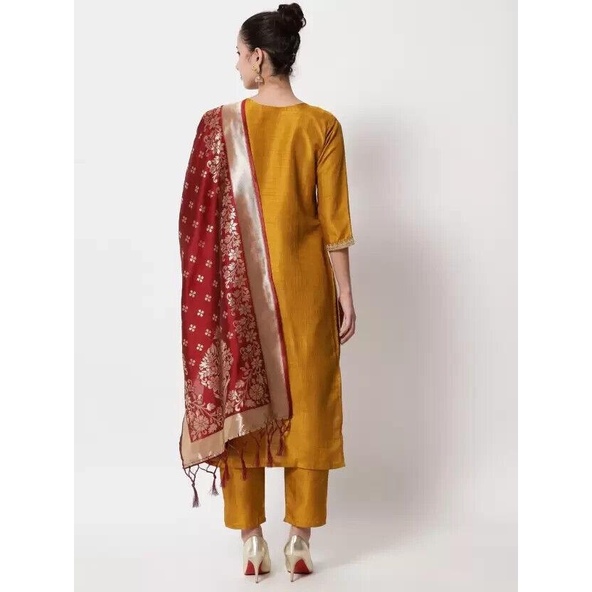 Women Silk Blend Kurti Pant Dupatta Set Indian Pakistani Bollywood Salwar Kameez VF-20166a