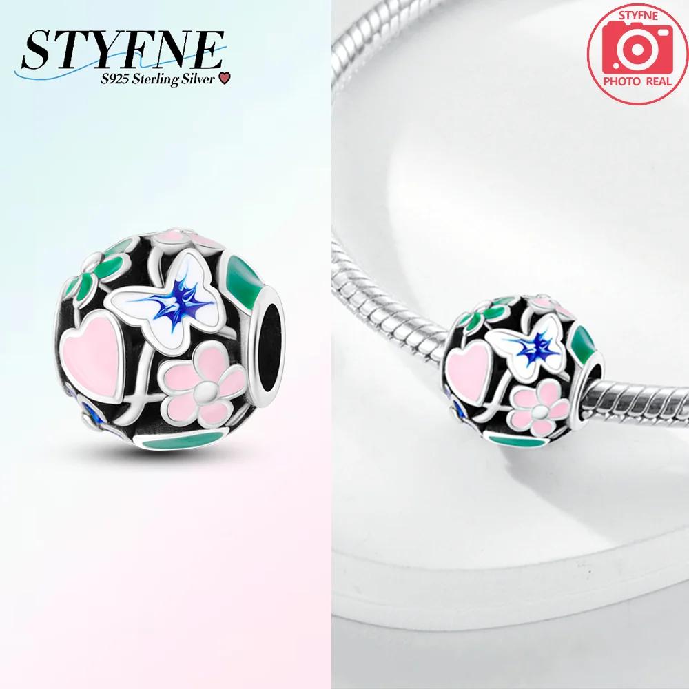 Pink Flowers Gold Butterflies Plant 925 Silver Bag Charms Beads Fit Bracelet Women Accessory Fine Gift Diy Jewelry