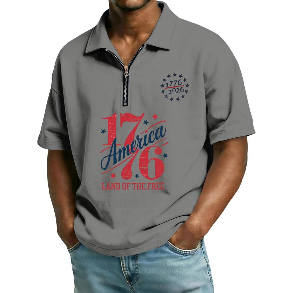 Men's Casual Loose Fit Polo Shirt Short Sleeve Zipper Front Independent Day Printed Design Comfortable Lightweight Top
