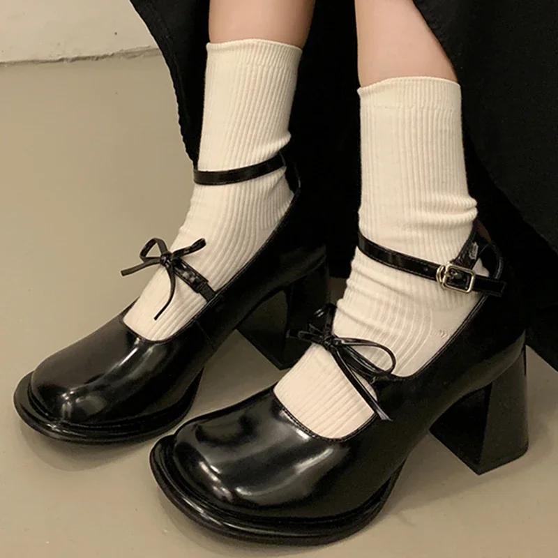 

Fashion Bow High Heels Women Marie Janes Shoes Designer Chunky Leather Shallow Shoes Winter 2025 35 чёрный