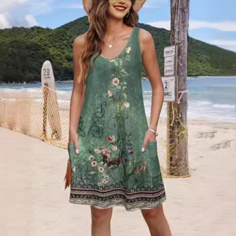 Casual Tank Dress with Pockets Summer Bohemian Beach Dresses Floral T-shirt Dresses for Women