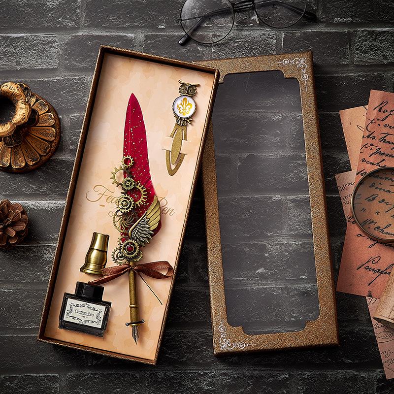 Vintage Mechanical Feather Dip Pen Set,Ink-Containing,Penholder,Bookmark,Art Calligraphy Signature Pen Holiday Gift Giftboxed
