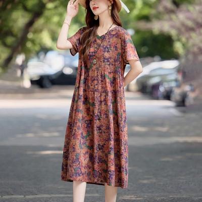 Robe d'été décontractée ample à manches courtes et col en V, midi, à imprimé floral vintage, en lin, à volants
