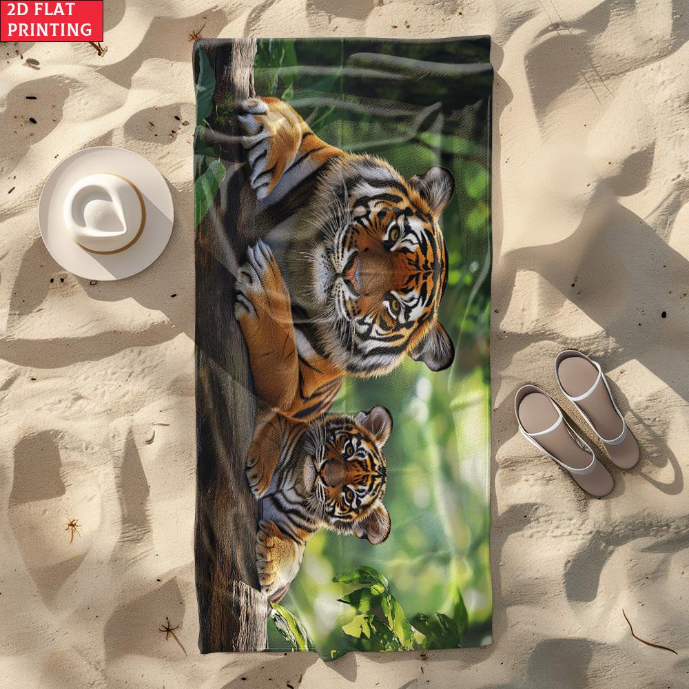 2D Flach 1 Stück Tigerpaar Strandtuch - Weich, Ultra-Saugfähige Mikrofaser, Leicht, Perfekt für Strand, Partys, Reisen, Camping