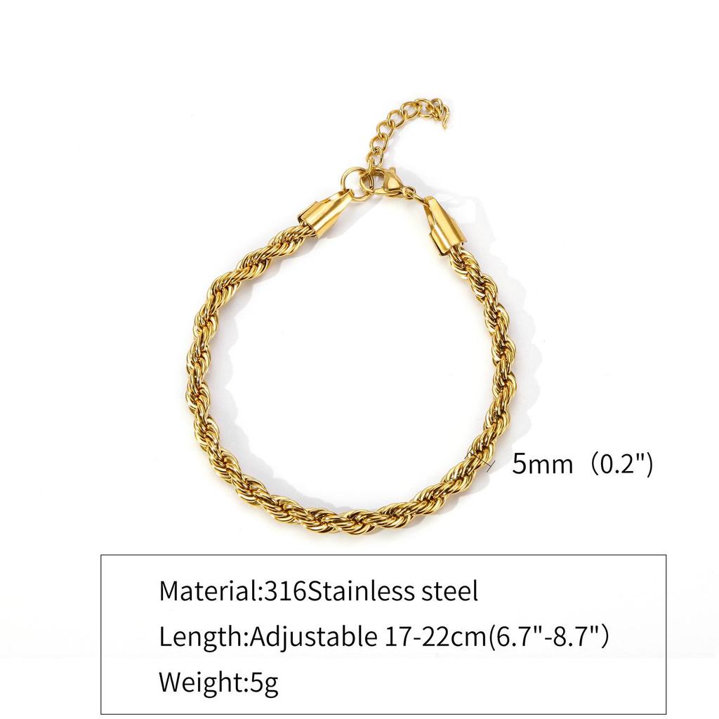 Unisex 18k Gold-Plated Stainless Steel Cuban Necklace/Bracelet, 2-5mm Twisted Chain
