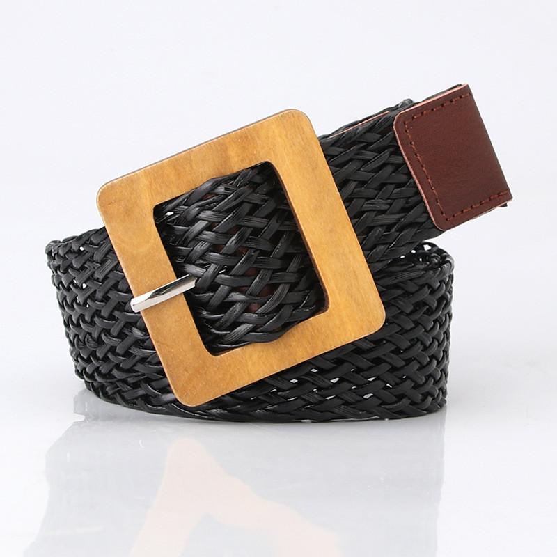 Womens Minimalist Pu Fabric Belt With Wooden Buckle For Chic Office And Casual Looks